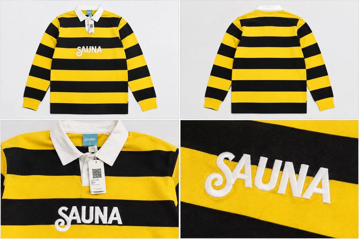 SAUNA Rugby Polo – Yellow/Black Stripe